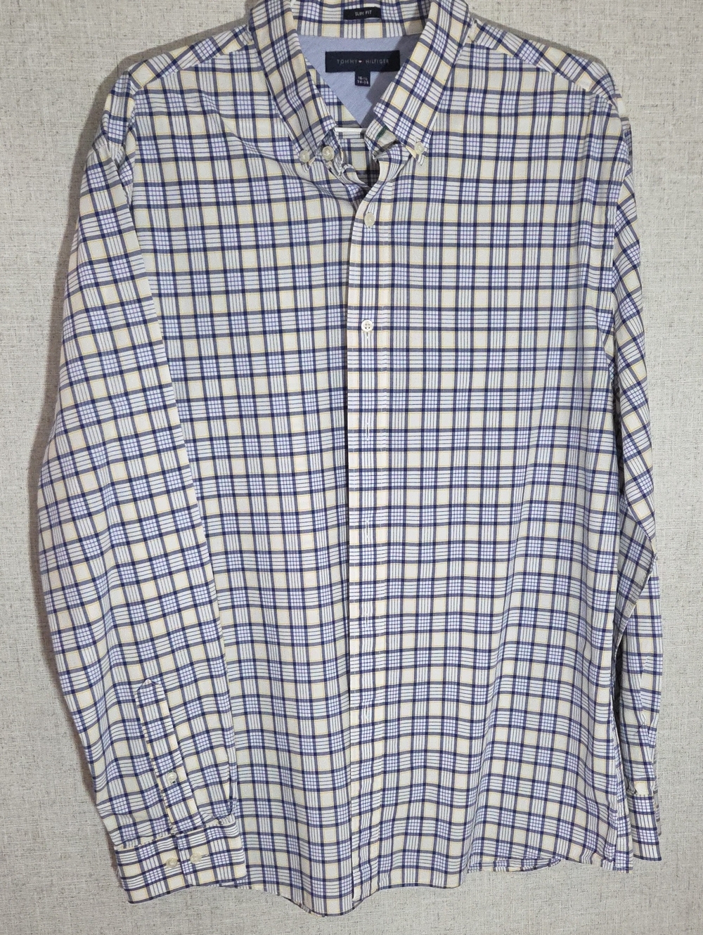 Tommy Hilfiger White and Blue Plaid Mens Button-Down Shirt 16 1/2 34-35 Sleeve - Picture 1 of 3